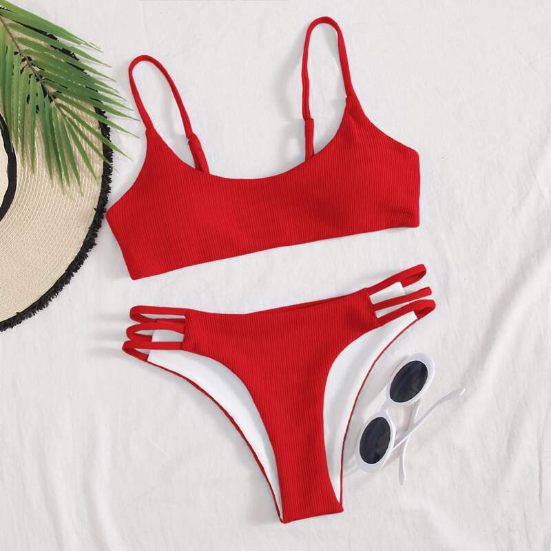 

Rib Ladder Cut-out Bikini Swimsuit, Red