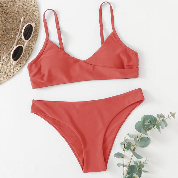 

Plain Surplice Neck Bikini Swimsuit, Burnt orange
