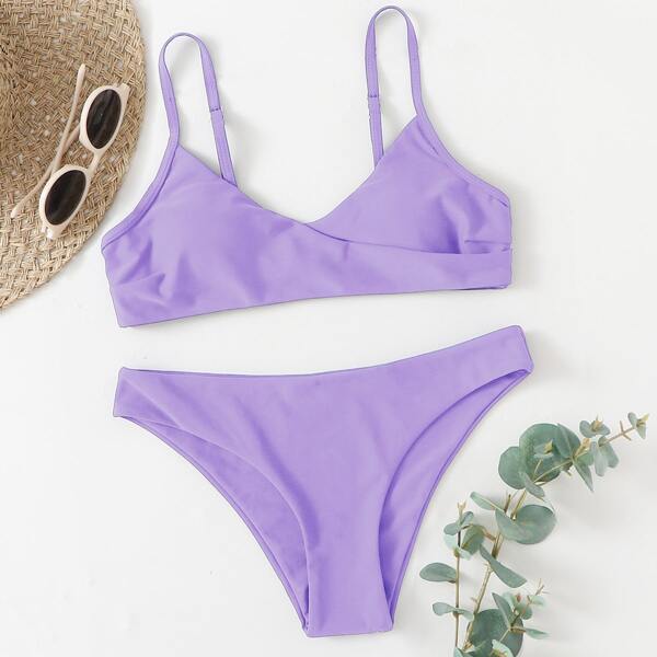 

Plain Surplice Neck Bikini Swimsuit, Pastel lilac purple