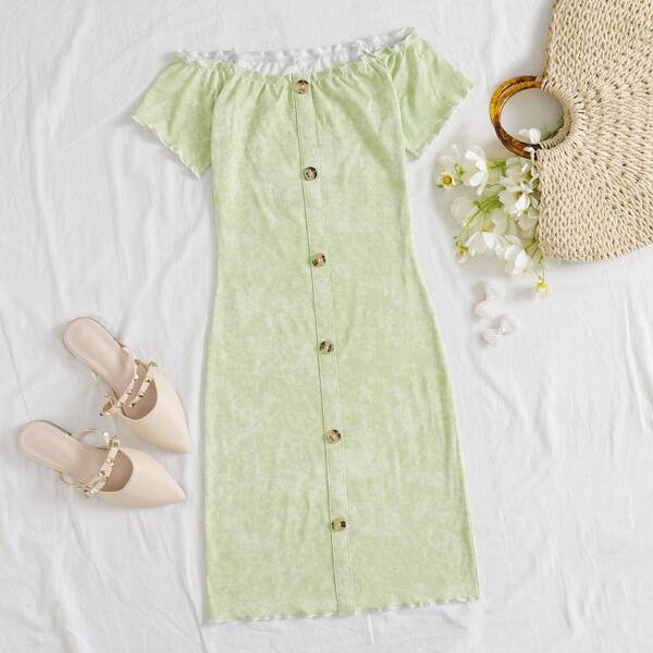 

Tie Dye Button Front Frill Bardot Dress, Lime green