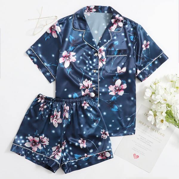

Floral Print Satin Shorts PJ Set, Navy blue