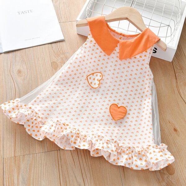 

Toddler Girls Heart Print Contrast Collar Mesh Overlay Dress, Multicolor
