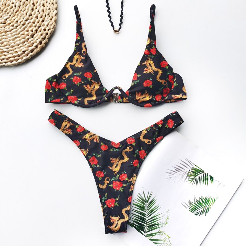 

Floral & Chinese Dragon Print Underwire Bikini Swimsuit, Multicolor