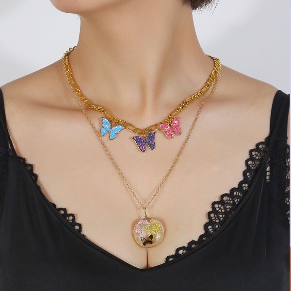 

Butterfly Charm Layered Necklace, Gold