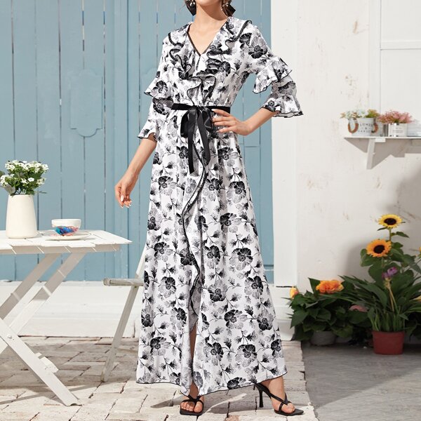 

Floral Print Ruffle Trim Belted Dress, Black and white