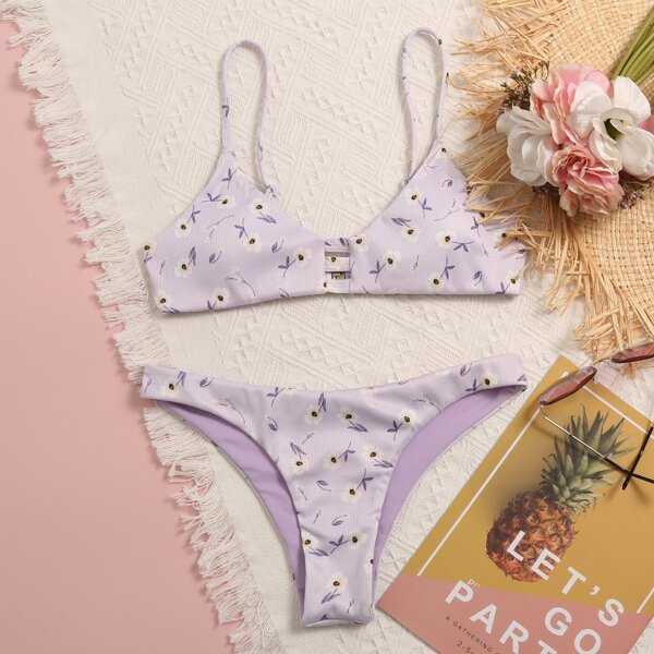 

Floral Rib Cut-out Bikini Swimsuit, Pastel lilac purple