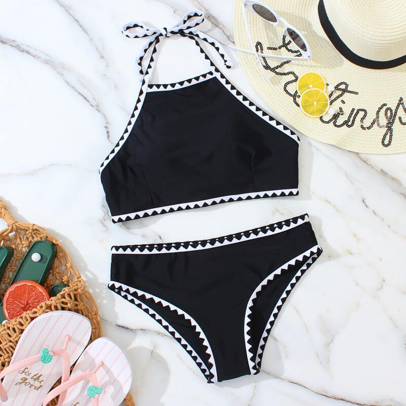 

Whip Stitch Halter Bikini Swimsuit, Black