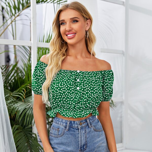 

Daisy Print Ruffle Hem Crop Blouse, Green