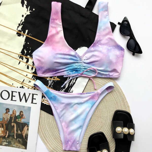 

Tie Dye Drawstring Thong Bikini Swimsuit, Multicolor