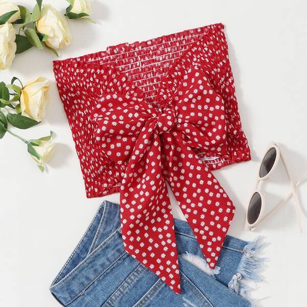 

Plus Tie Front Ditsy Floral Tube Top, Red
