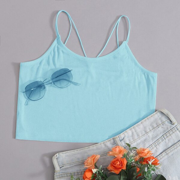 

Solid Rib-knit Crop Cami Top, Mint blue