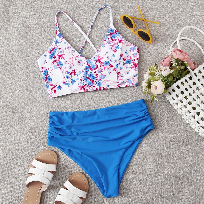 

Floral Ruched High Waisted Bikini Swimsuit, Multicolor
