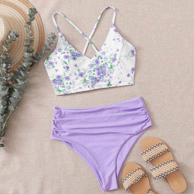 

Floral Ruched High Waisted Bikini Swimsuit, Multicolor