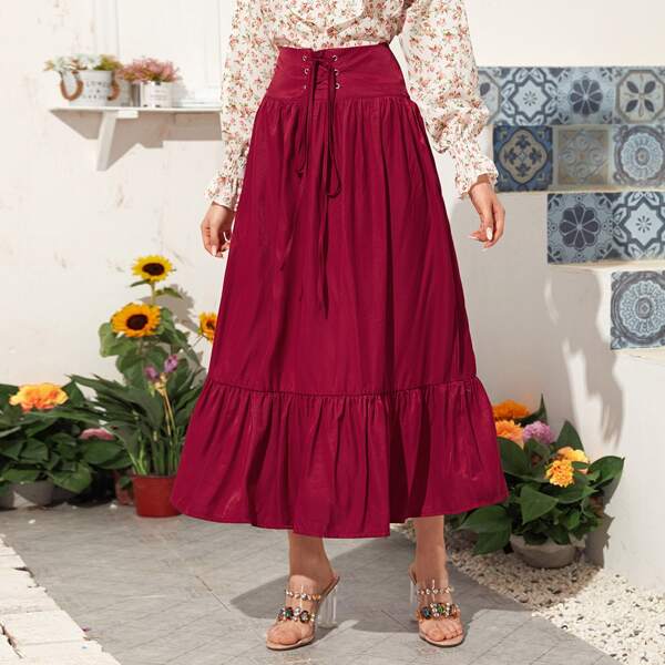 

Lace Up Waist Ruffle Hem Skirt, Burgundy