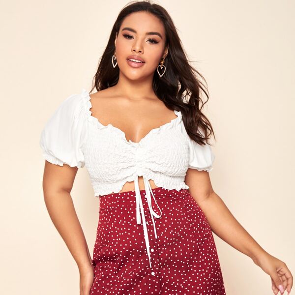 

Plus Drawstring Ruched Shirred Milkmaid Top, White