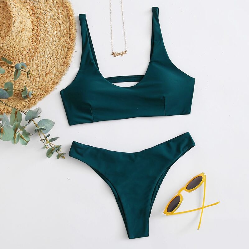 

Plain Cut-out Back Bikini Swimsuit, Teal blue
