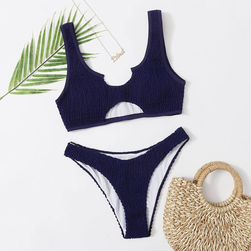 

Smocked Cut-out High Cut Bikini Swimsuit, Navy blue