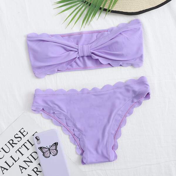 

Scallop Trim Knot Bandeau Bikini Swimsuit, Pastel lilac purple