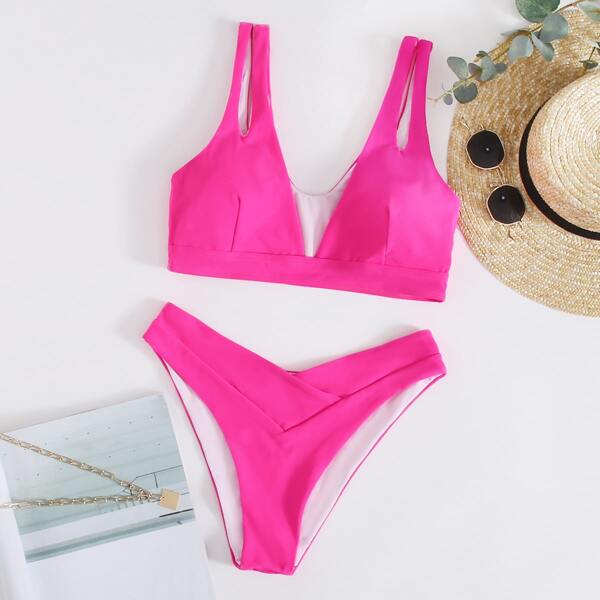 

Cut Out Shoulder Bikini Swimsuit, Hot pink
