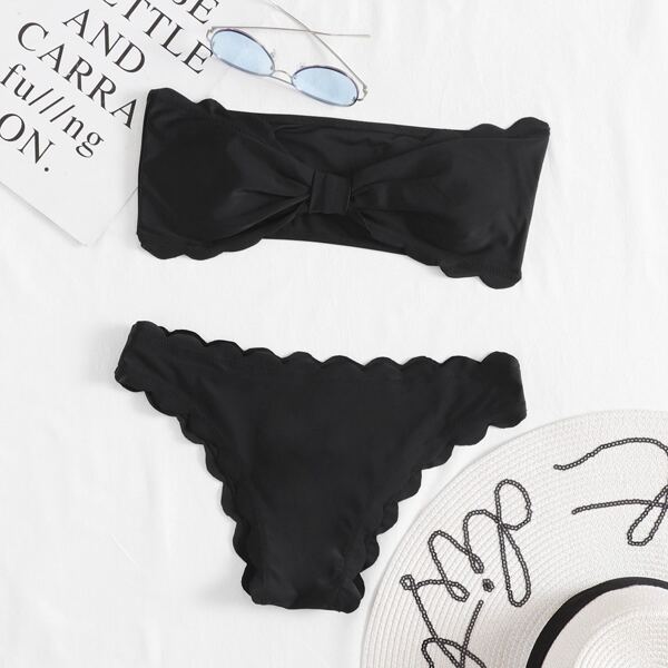 

Scallop Trim Knot Bandeau Bikini Swimsuit, Black