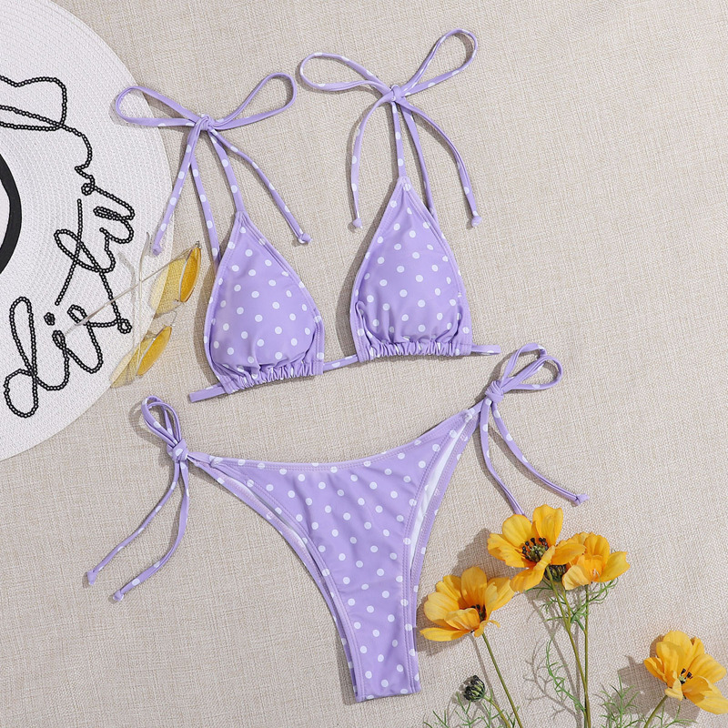

Polka Dot Triangle Tie Side Bikini Swimsuit, Pastel lilac purple