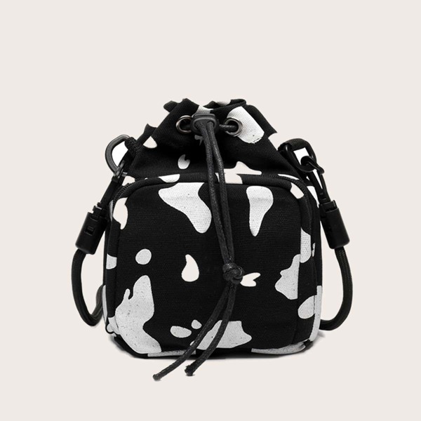 

Girls Drawstring Decor Cow Pattern Crossbody Bag, Black