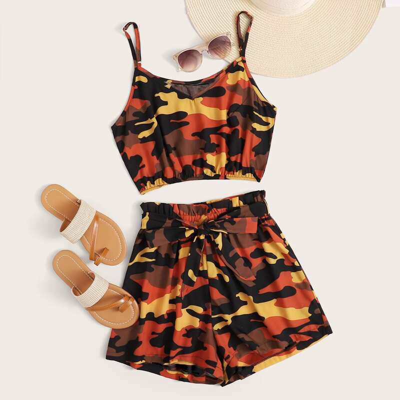 

Camo Print Cami Top & Belted Paperbag Shorts, Multicolor