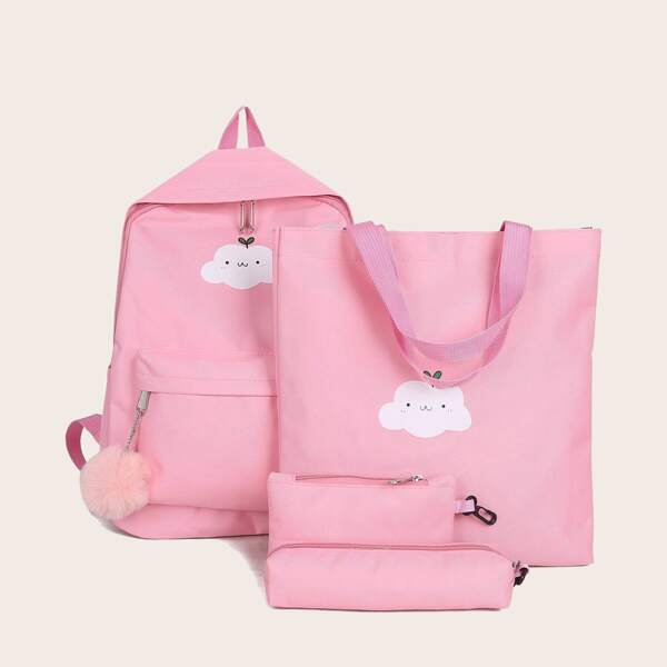 

4pcs Girls Cartoon Graphic Backpack With Pencil Case, Pink