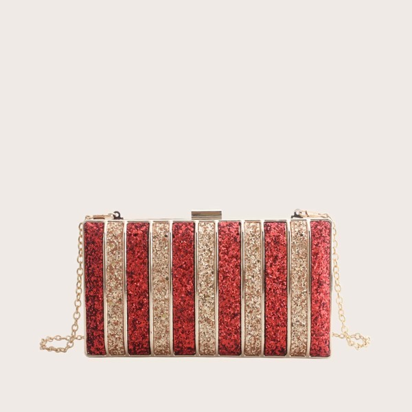 

Glitter Decor Striped Clutch Bag, Red
