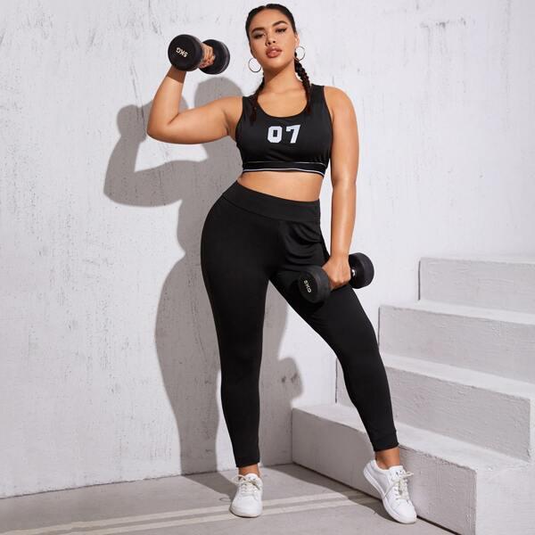 

Plus Number Print Tank Top With Leggings, Black
