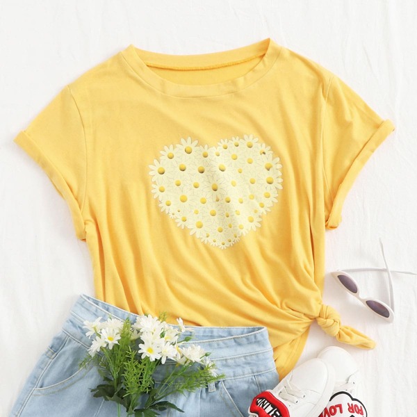 

Plus Floral And Heart Print Tee, Yellow
