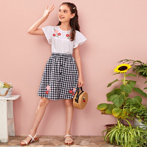 

Girls Floral Print Top & Buffalo Plaid Skirt Set, Black and white