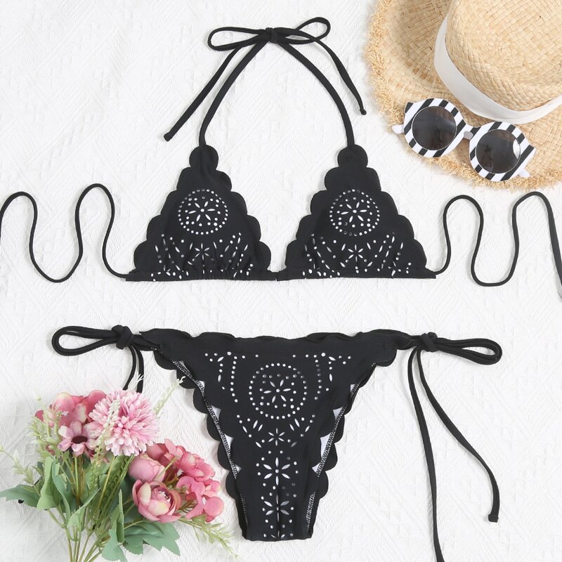 

Scallop Trim Triangle Tie Side Bikini Swimsuit, Black