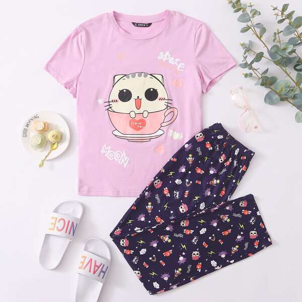 

Letter and Cartoon Graphic Top & Pants PJ Set, Multicolor