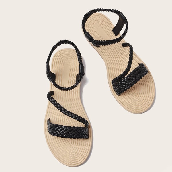 

Braided Strap Ankle Strap Sandals, Black