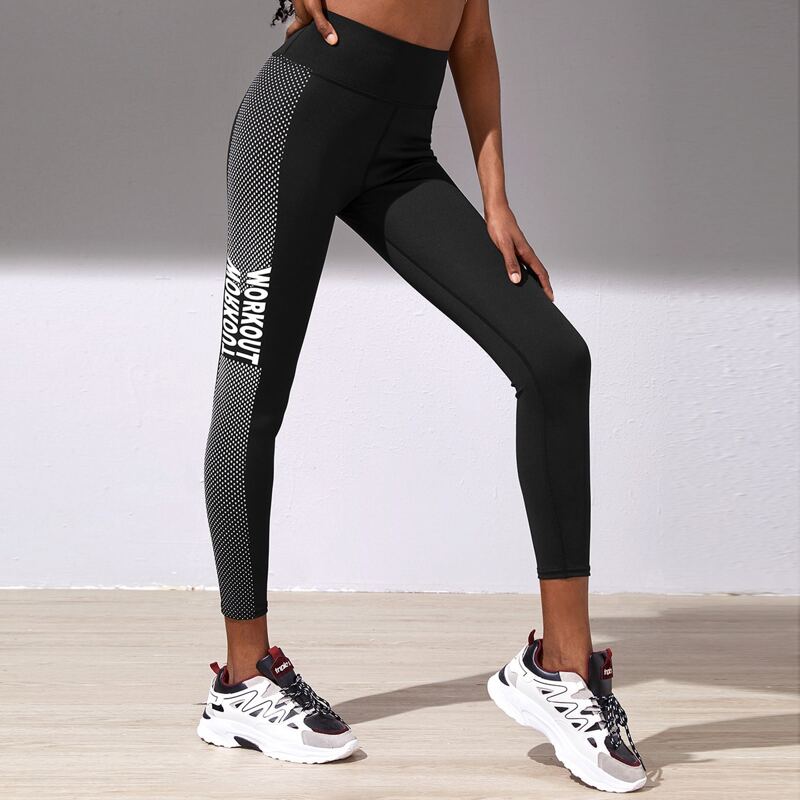 

Polka Dot & Letter Graphic Sports Leggings, Black