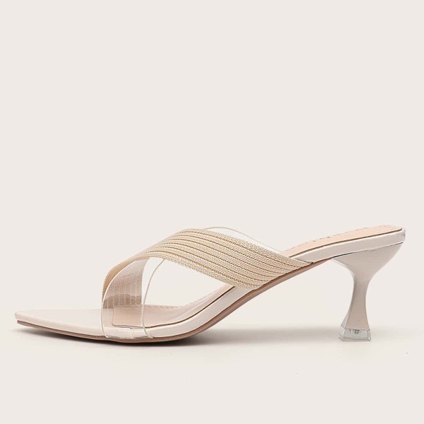 

Clear Detail Cross Strap Heeled Sandal Mules, Beige