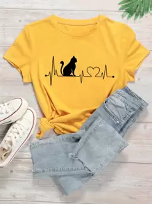 T Shirt A Imprime Chat Et Battement De Cœur Mode En Ligne Shein France