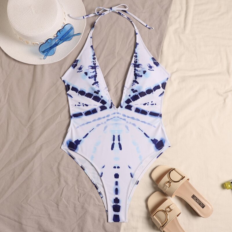 

Tie Dye Plunging One Piece Swimsuit, Multicolor