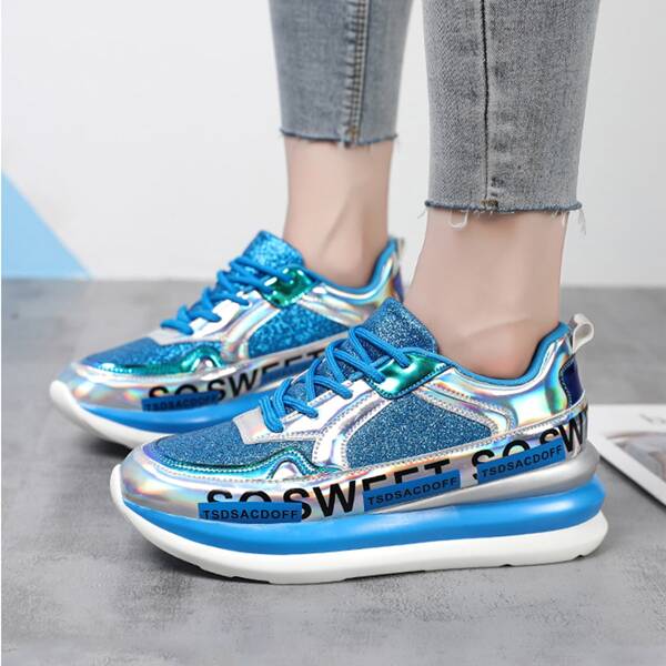 

Lace-up Front Glitter Decor Chunky Sneakers, Blue