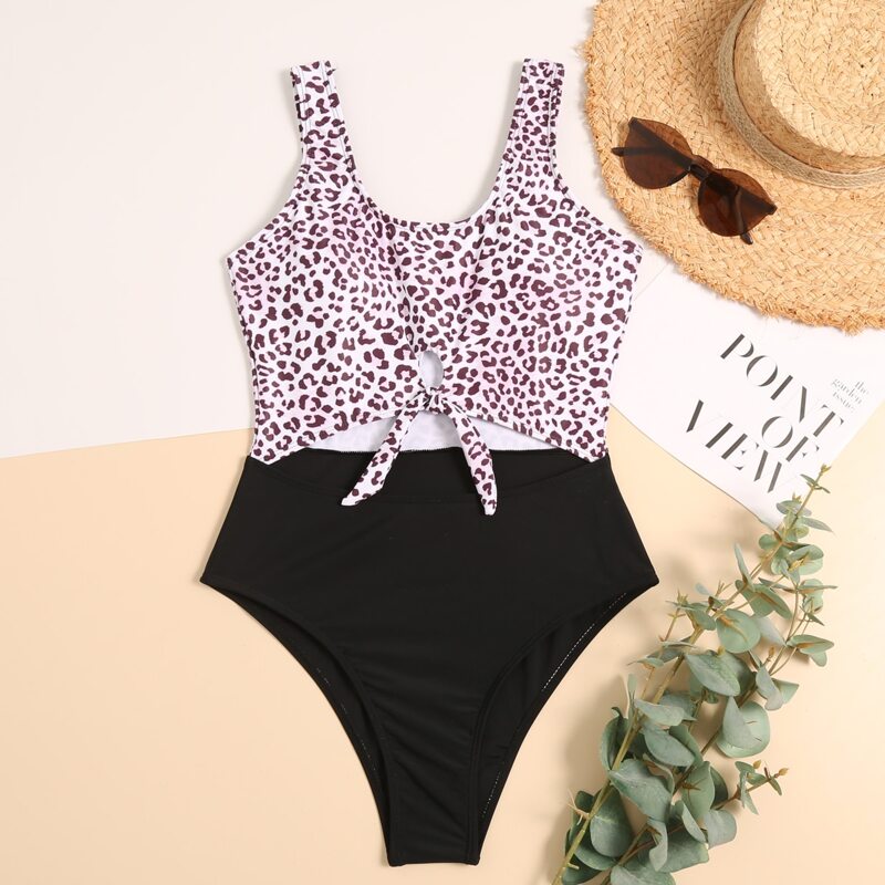 

Leopard Cut-out Knot Front One Piece Swimsuit, Multicolor