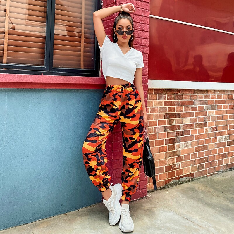

Solid Rib-knit Tee With Camo Print Sweatpants, Multicolor