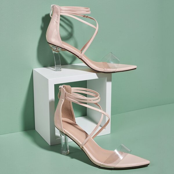 

Clear Ankle Strap Heeled Sandals, Apricot