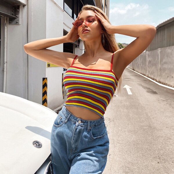 

Colorful Striped Rib-knit Cami Top, Multicolor