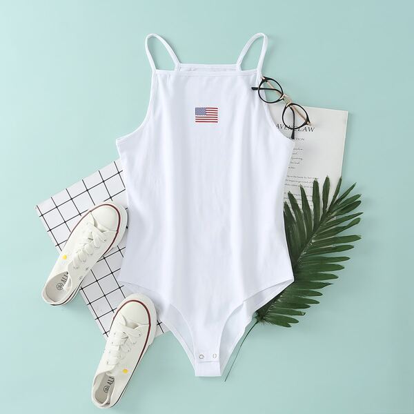 

Stars And Stripes Print Cami Bodysuit, White