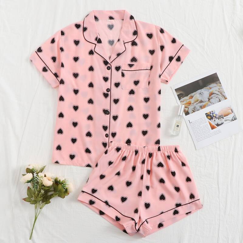 

Heart Print Shorts PJ Set, Baby pink