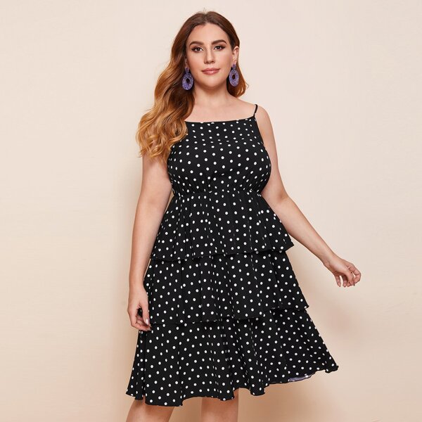 

Plus Polka Dot Layered Hem Cami Dress, Black