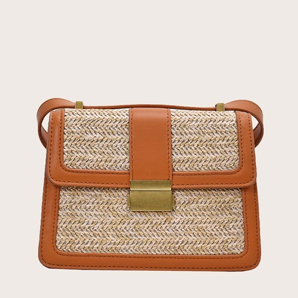 

Braided Contrast Trim Flap Crossbody Bag, Brown