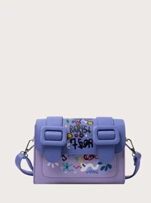 Teenage Girls' Personalized Graffiti Pattern Shoulder Bag With Flap, Fashionable Shoulder Bag - Purple - View 1