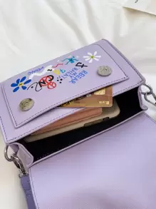 Teenage Girls' Personalized Graffiti Pattern Shoulder Bag With Flap, Fashionable Shoulder Bag - Purple - View 3